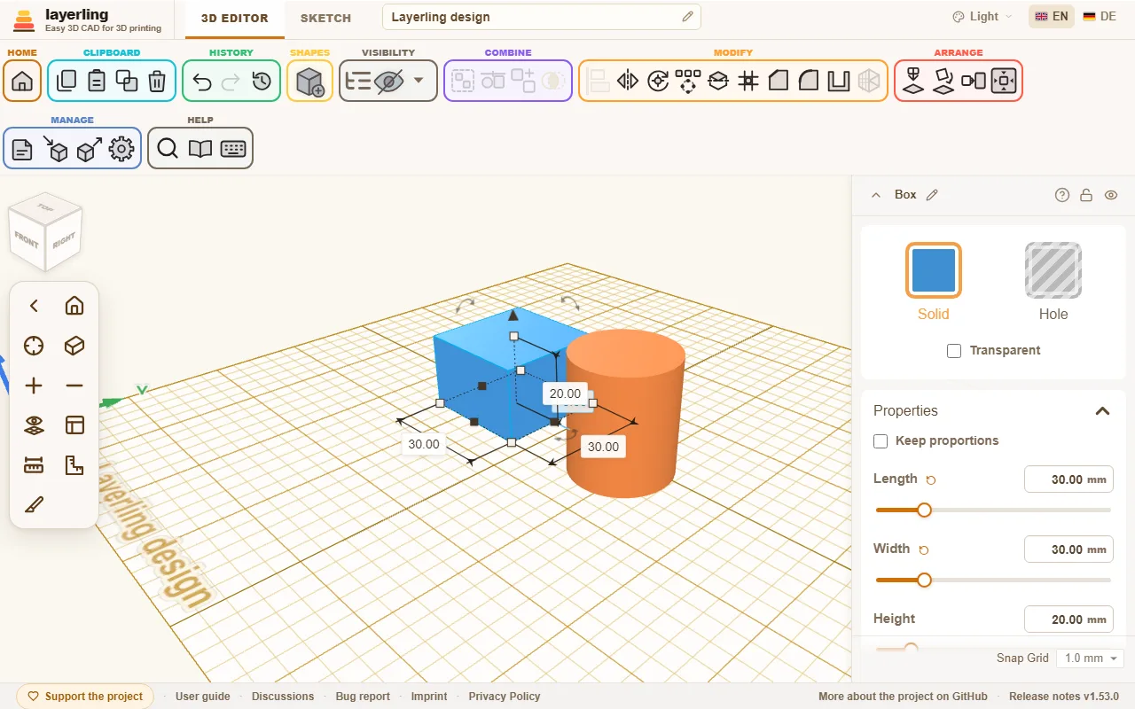 The editor with two shapes on the workplane. The ribbon on top, the camera controls on the left, the settings of the selected shape on the right.