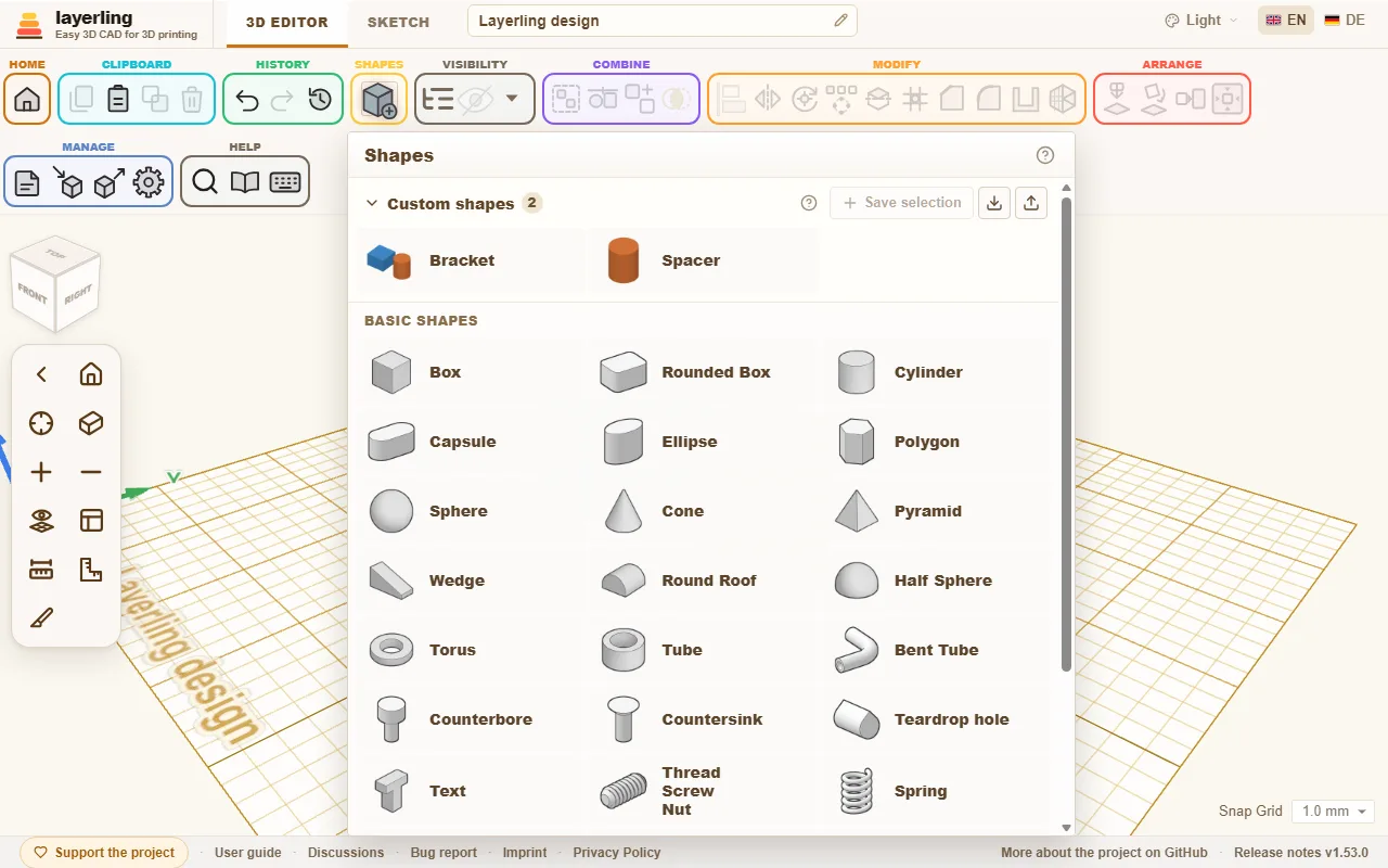 The shape library. Every little picture is rendered from the shape's real geometry.